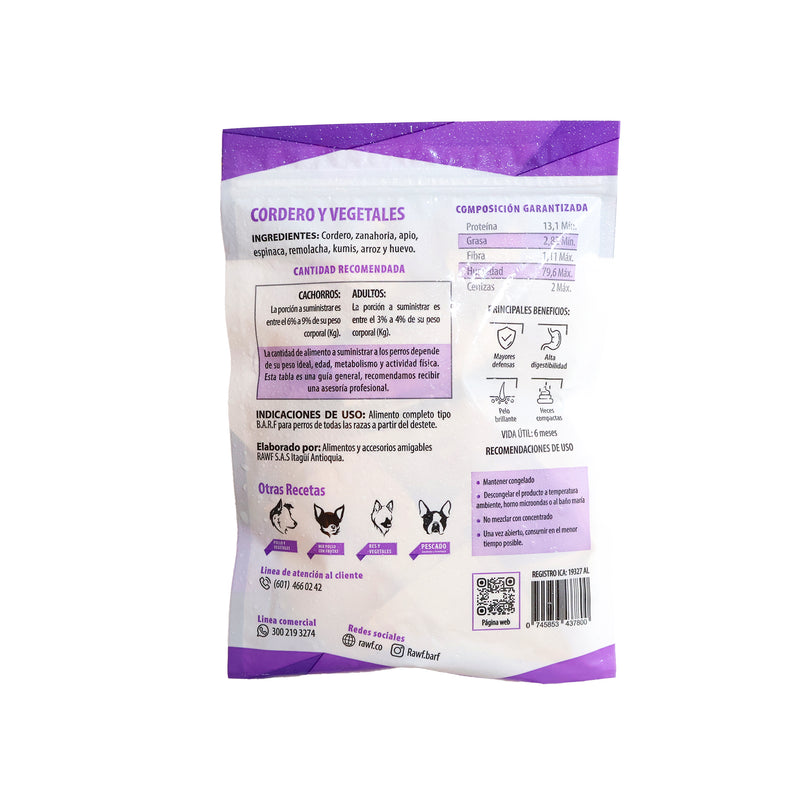 B.A.R.F Perro Cordero y Vegetales x 500g